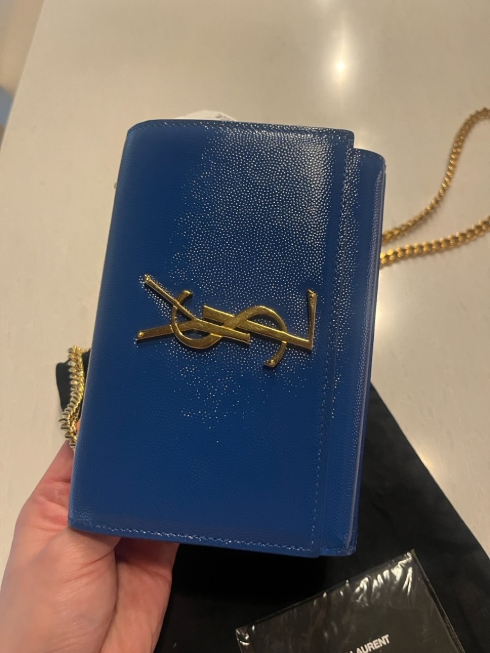 Saint Laurent YSL Bleu Majorelle Blue Patent Leather Monogram Chain Bag Clutch - Picture 2 of 9